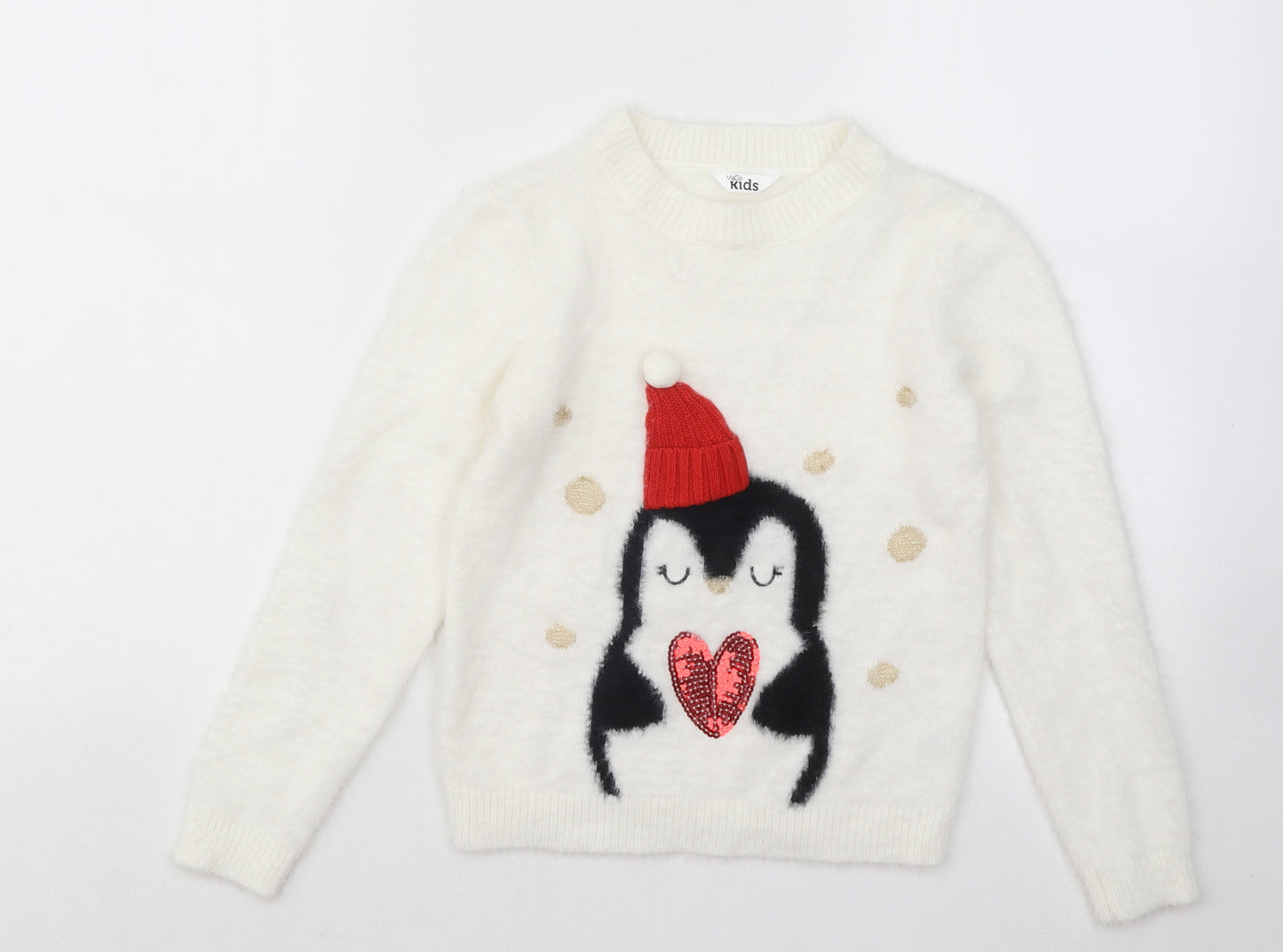 M&Co Girls White Round Neck Acrylic Pullover Jumper Size 8-9 Years Pullover - Christmas Penguin