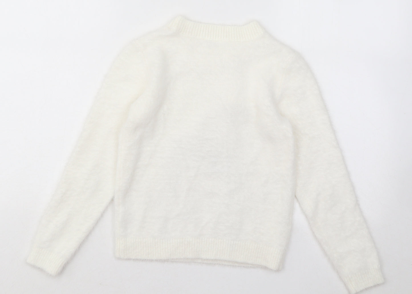 M&Co Girls White Round Neck Acrylic Pullover Jumper Size 8-9 Years Pullover - Christmas Penguin
