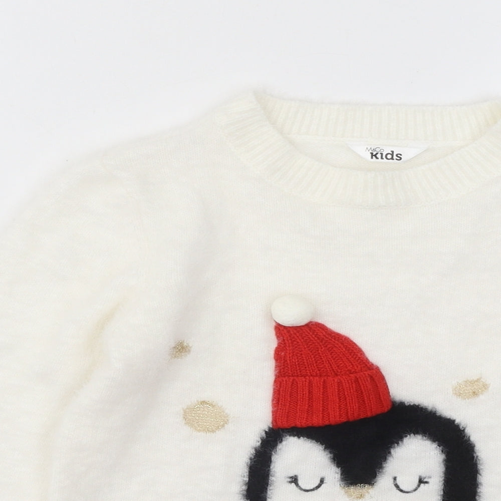 M&Co Girls White Round Neck Acrylic Pullover Jumper Size 8-9 Years Pullover - Christmas Penguin