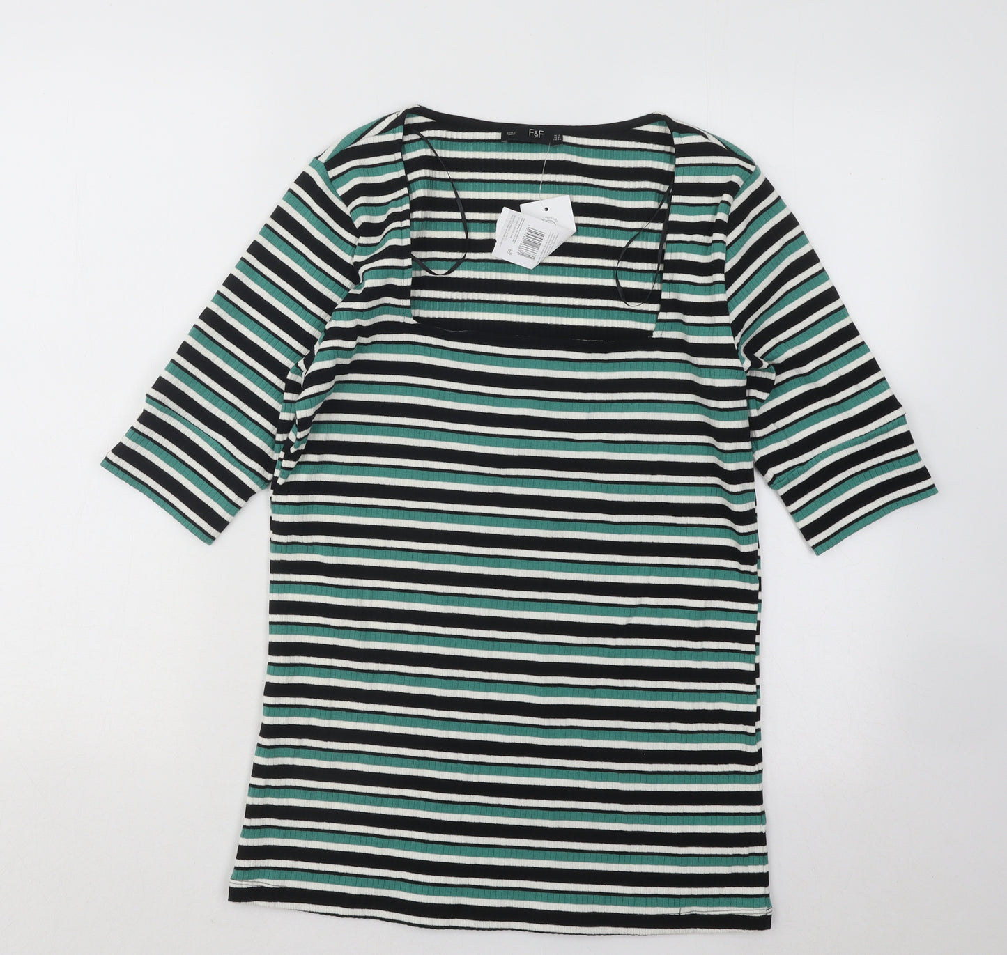 F&F Womens Green Square Neck Striped Cotton Pullover Jumper Size 12