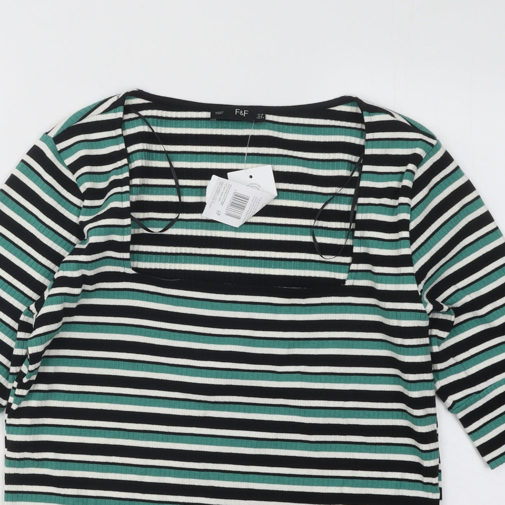 F&F Womens Green Square Neck Striped Cotton Pullover Jumper Size 12