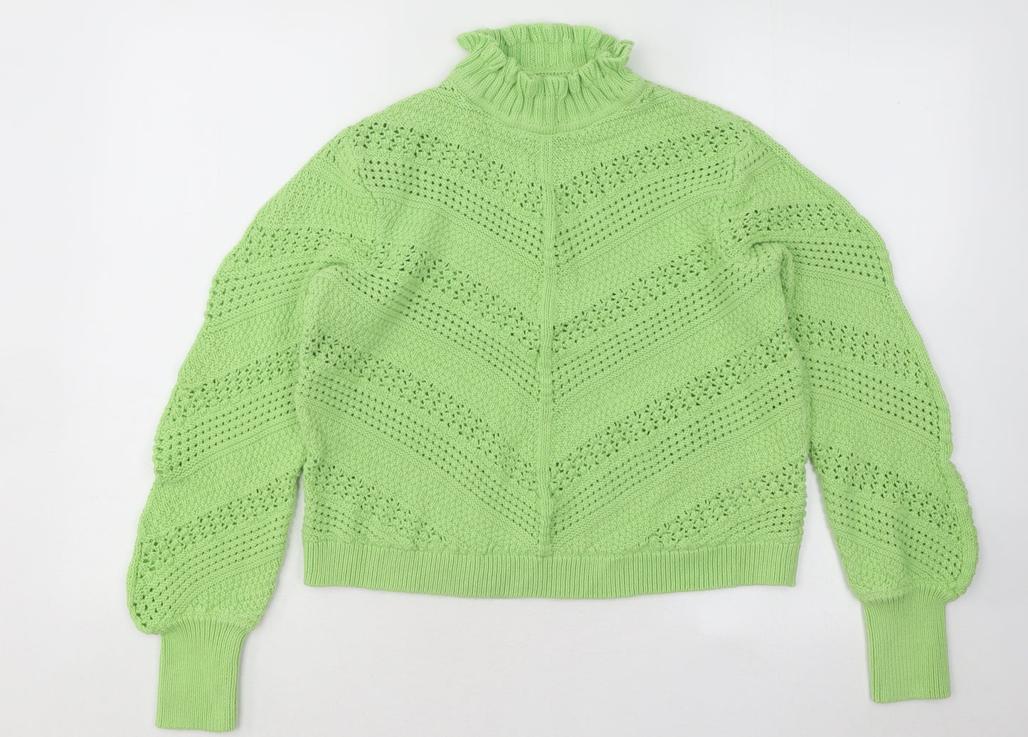 Marks and Spencer Womens Green Mock Neck Geometric Cotton Pullover Jumper Size 14