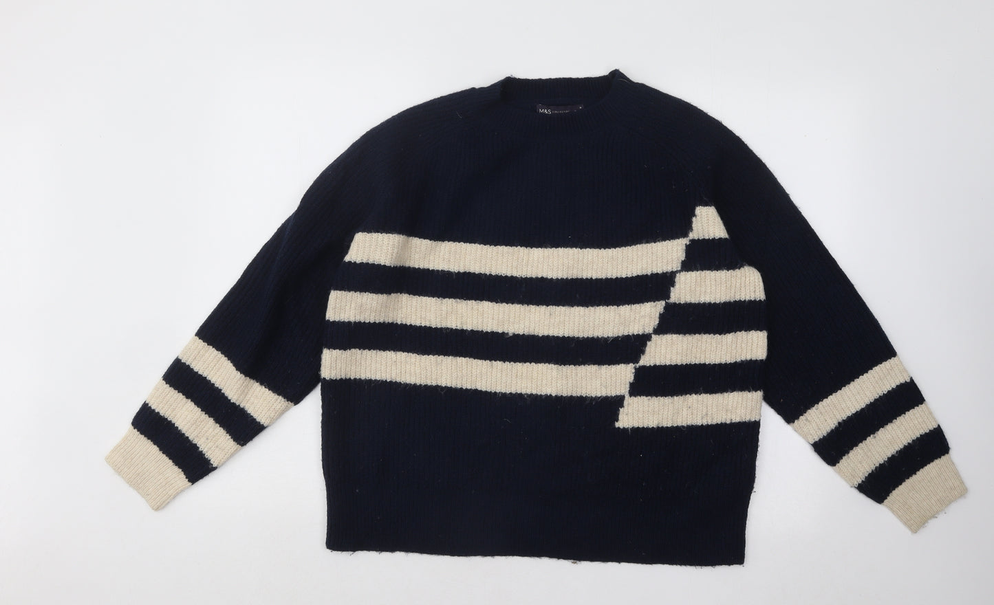 Marks and Spencer Womens Blue Mock Neck Striped Acrylic Pullover Jumper Size 14