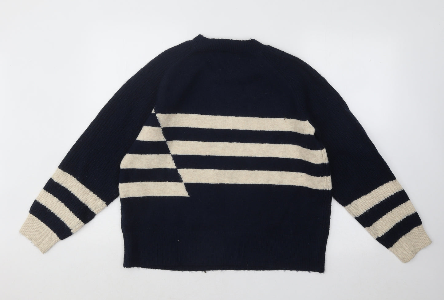 Marks and Spencer Womens Blue Mock Neck Striped Acrylic Pullover Jumper Size 14