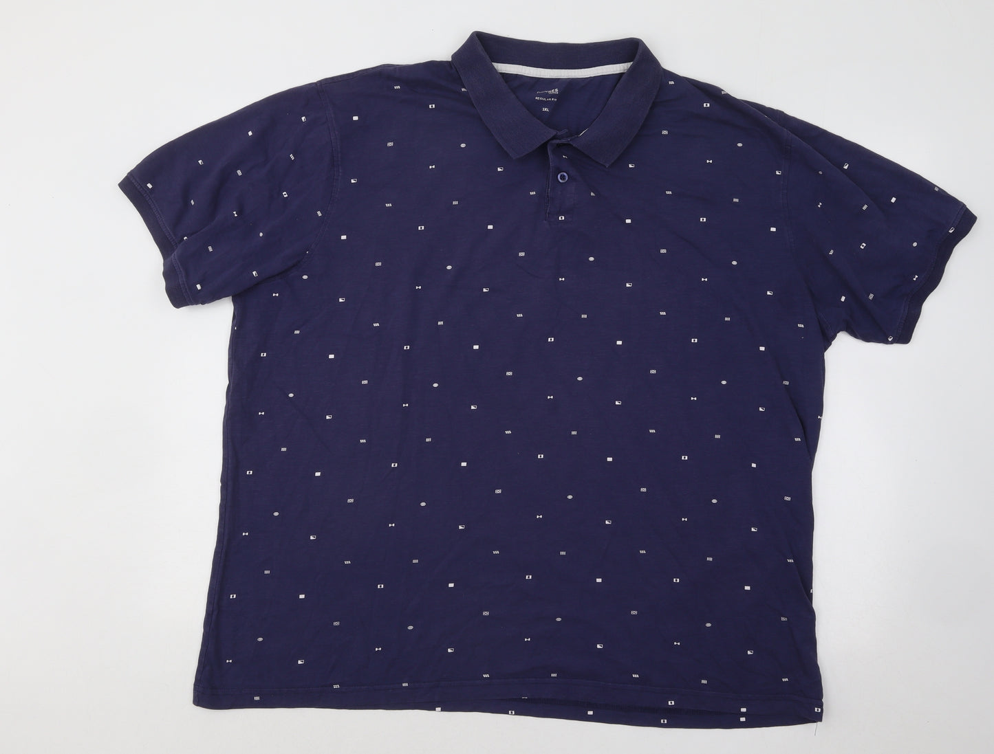 Dunnes Stores Mens Blue Geometric Cotton Polo Size 3XL Collared Button