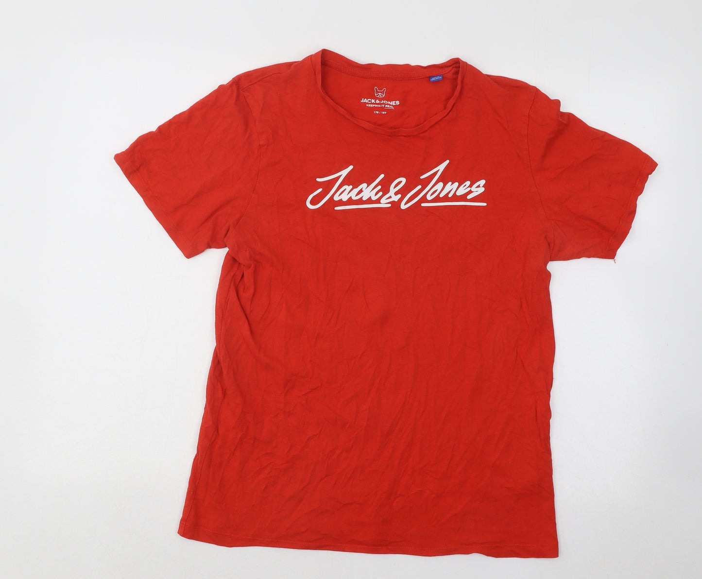 JACK & JONES Boys Red Cotton Basic T-Shirt Size 16 Years Round Neck Pullover