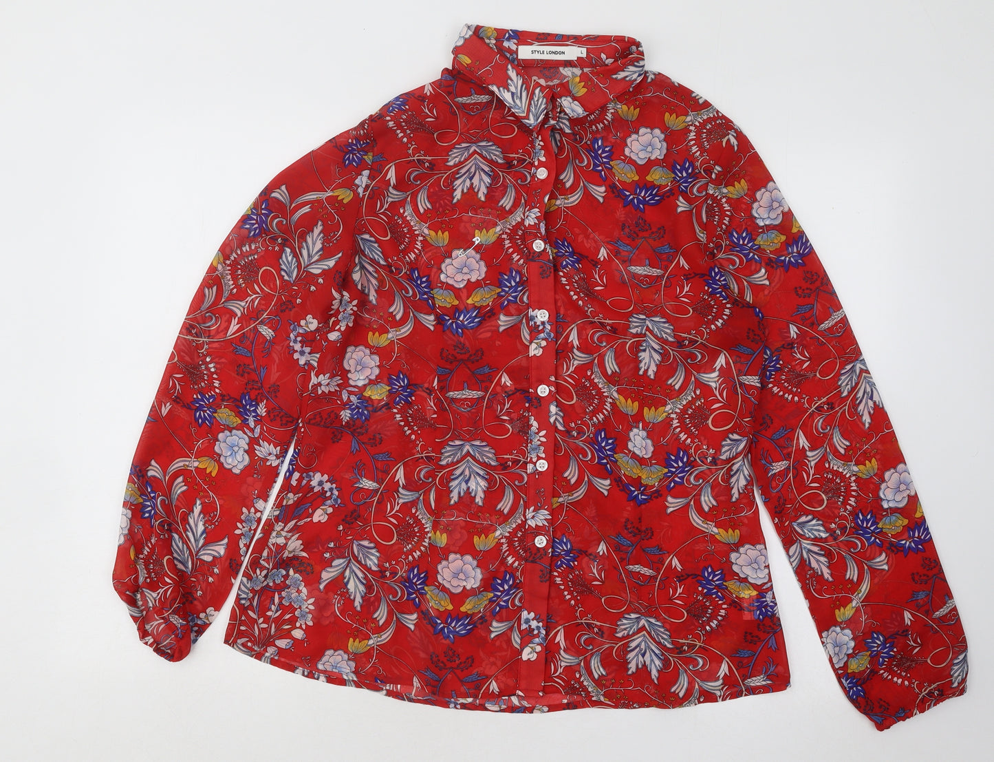 Style London Womens Red Paisley Polyester Basic Blouse Size L Collared