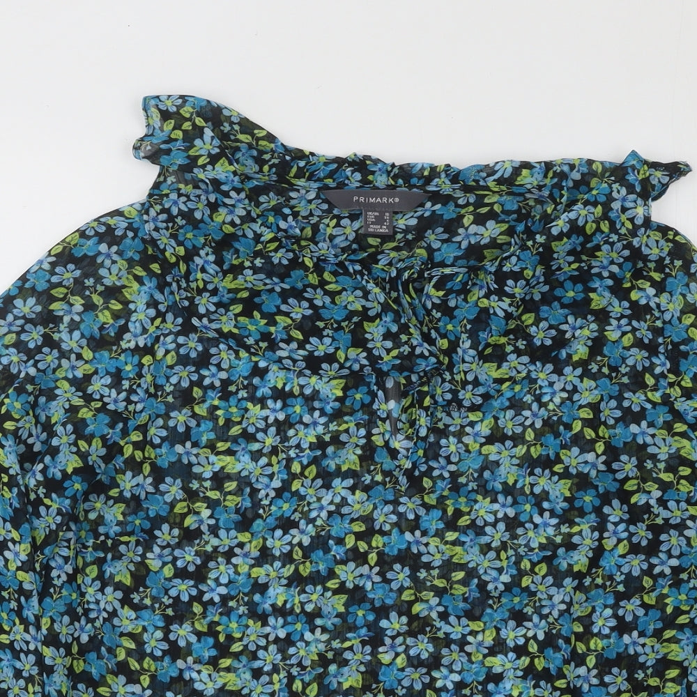 Primark Womens Blue Floral Polyester Basic Blouse Size 10 Collared
