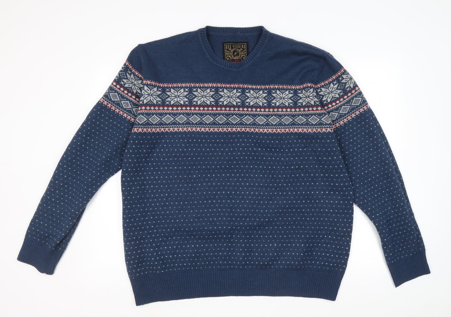 Red Herring Mens Blue Round Neck Fair Isle Acrylic Pullover Jumper Size XL