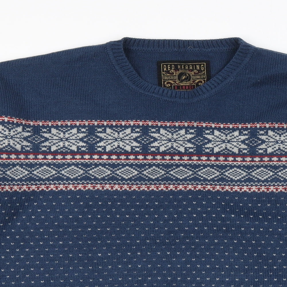 Red Herring Mens Blue Round Neck Fair Isle Acrylic Pullover Jumper Size XL