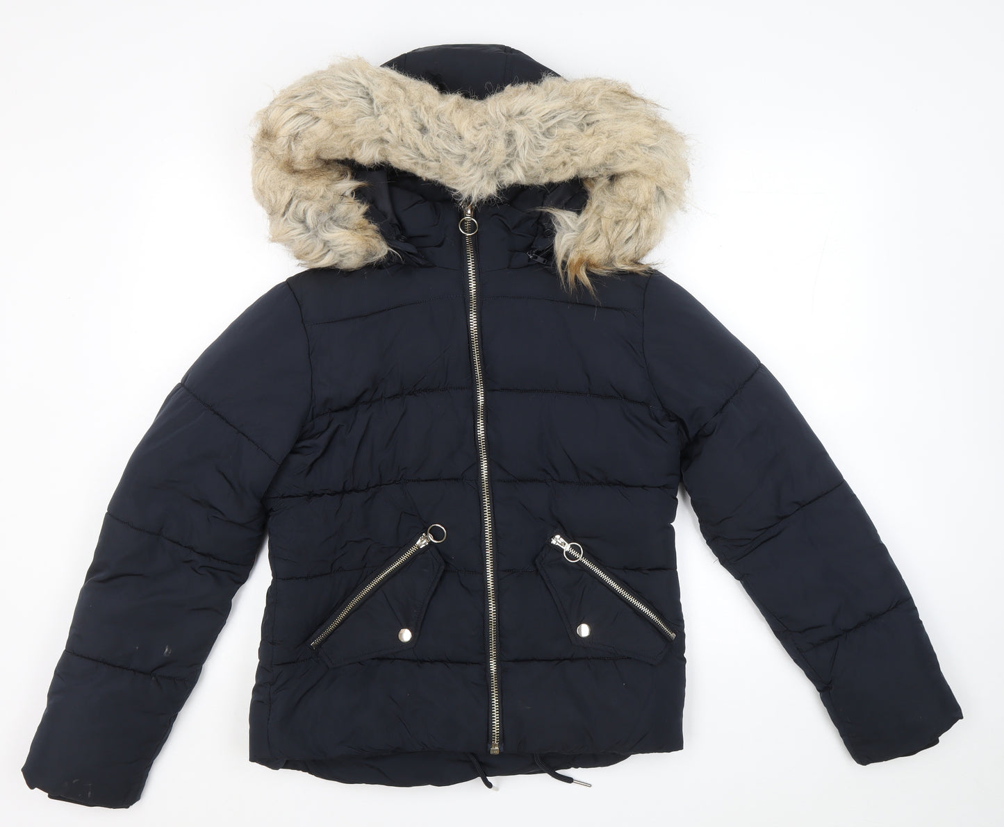 Topshop Womens Blue Puffer Jacket Coat Size 8 Zip - Removable Fur Trim