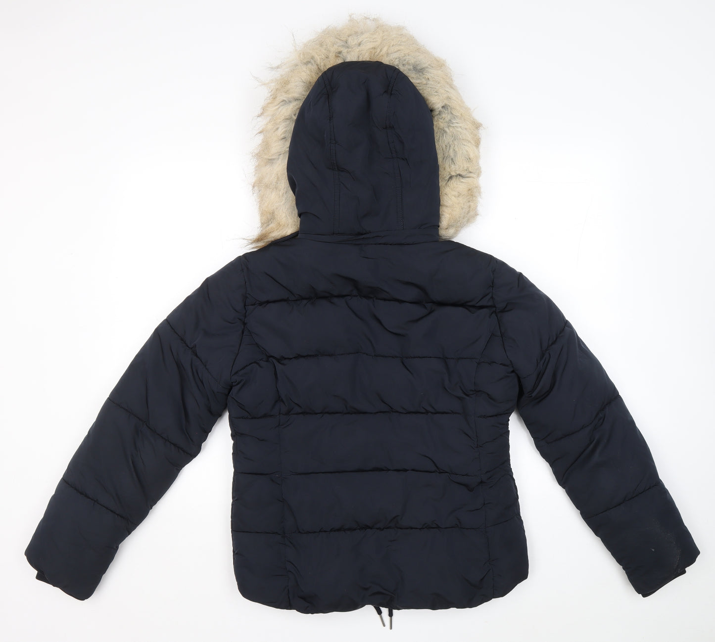 Topshop Womens Blue Puffer Jacket Coat Size 8 Zip - Removable Fur Trim