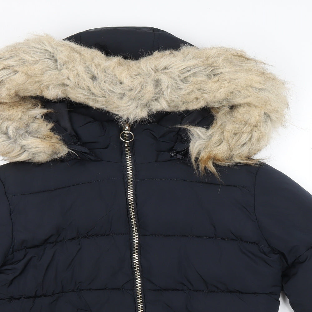 Topshop Womens Blue Puffer Jacket Coat Size 8 Zip - Removable Fur Trim