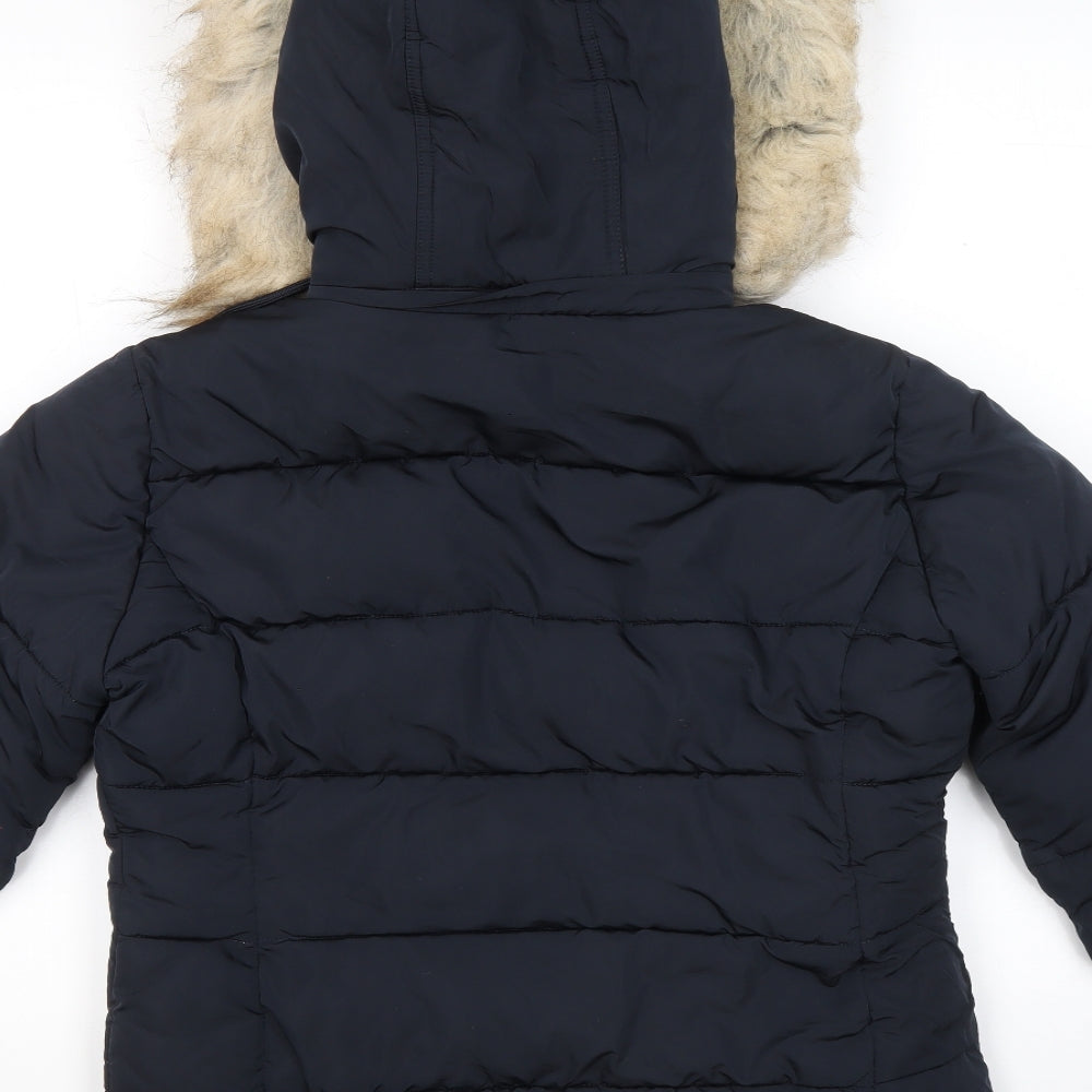 Topshop Womens Blue Puffer Jacket Coat Size 8 Zip - Removable Fur Trim