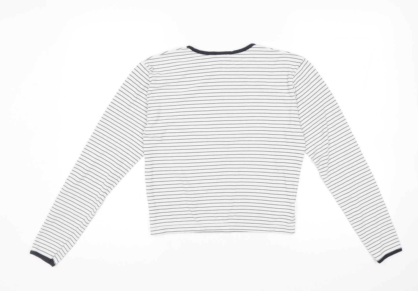 NEXT Womens White Striped Nylon Basic T-Shirt Size M Round Neck