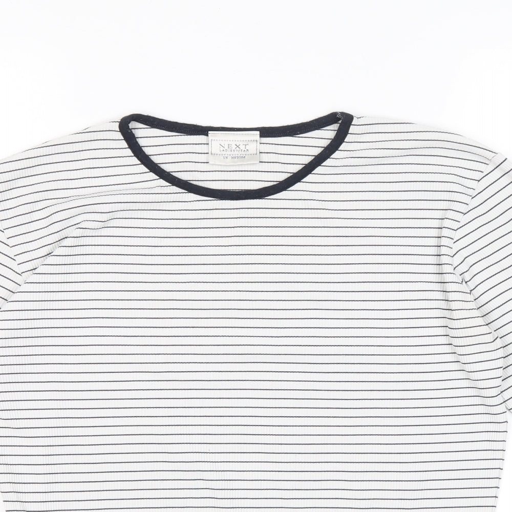 NEXT Womens White Striped Nylon Basic T-Shirt Size M Round Neck