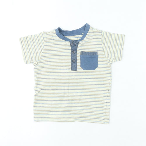Preworn Boys Multicoloured Striped 100% Cotton Pullover T-Shirt Size 12-18 Months Round Neck Button