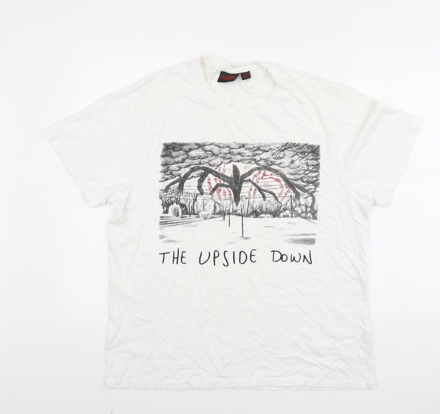 Primark Mens White Cotton T-Shirt Size M Round Neck - Stranger Things- The upside down