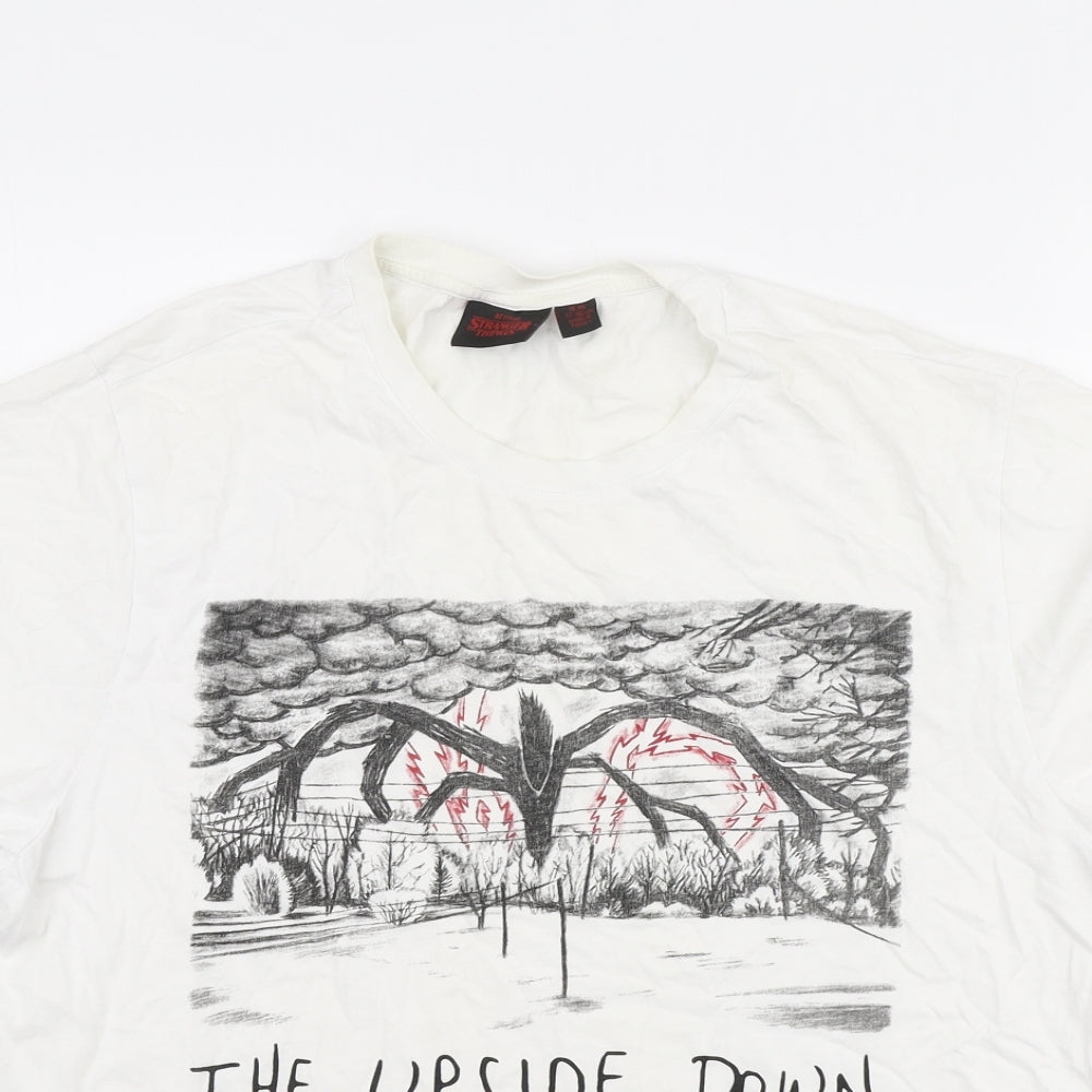 Primark Mens White Cotton T-Shirt Size M Round Neck - Stranger Things- The upside down