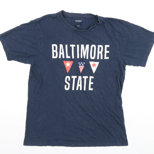 Pull&Bear Mens Blue Cotton T-Shirt Size M Round Neck - Baltimore State