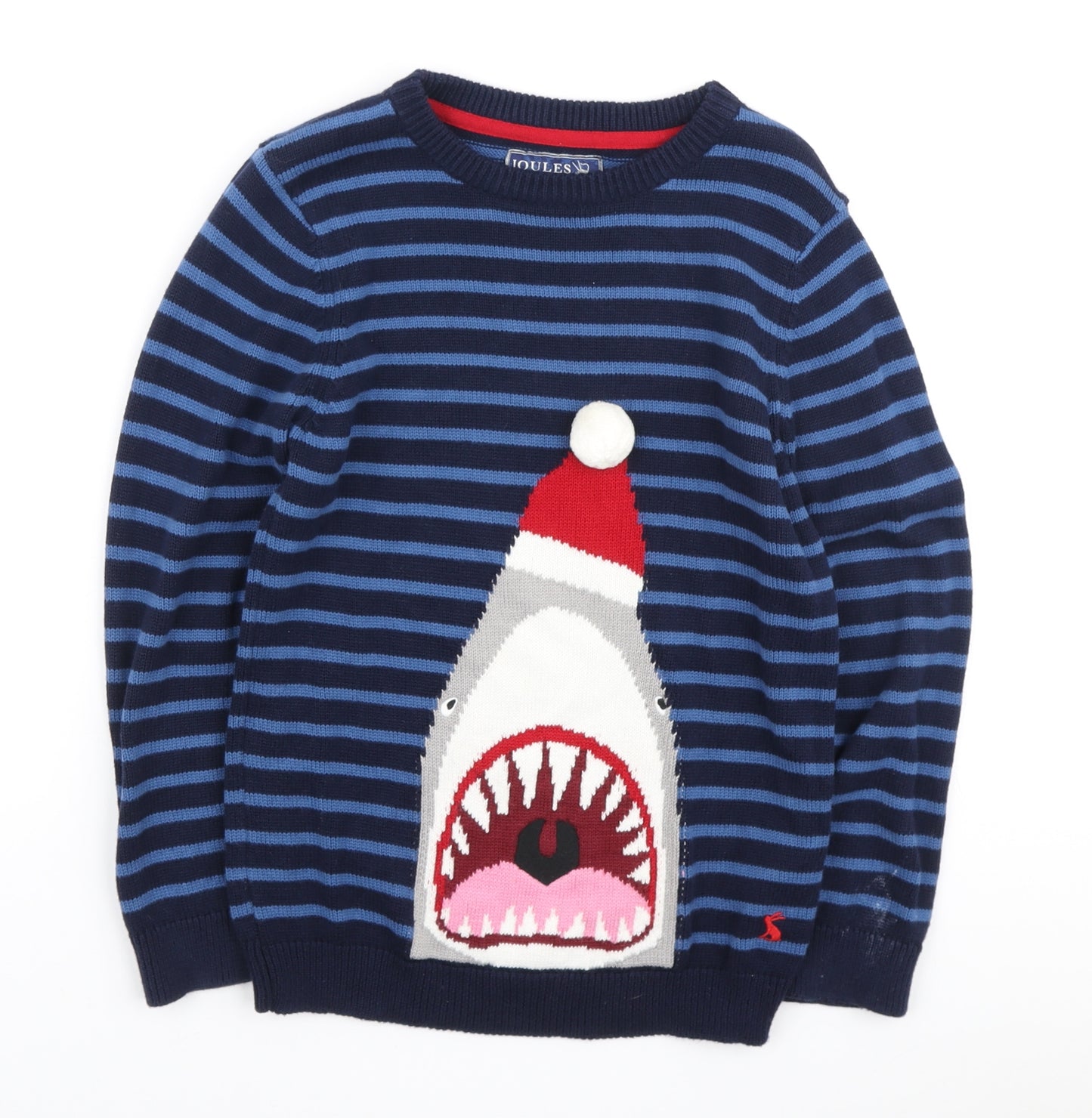 Jules Boys Blue Round Neck Striped Cotton Henley Jumper Size 7-8 Years - Christmas Shark