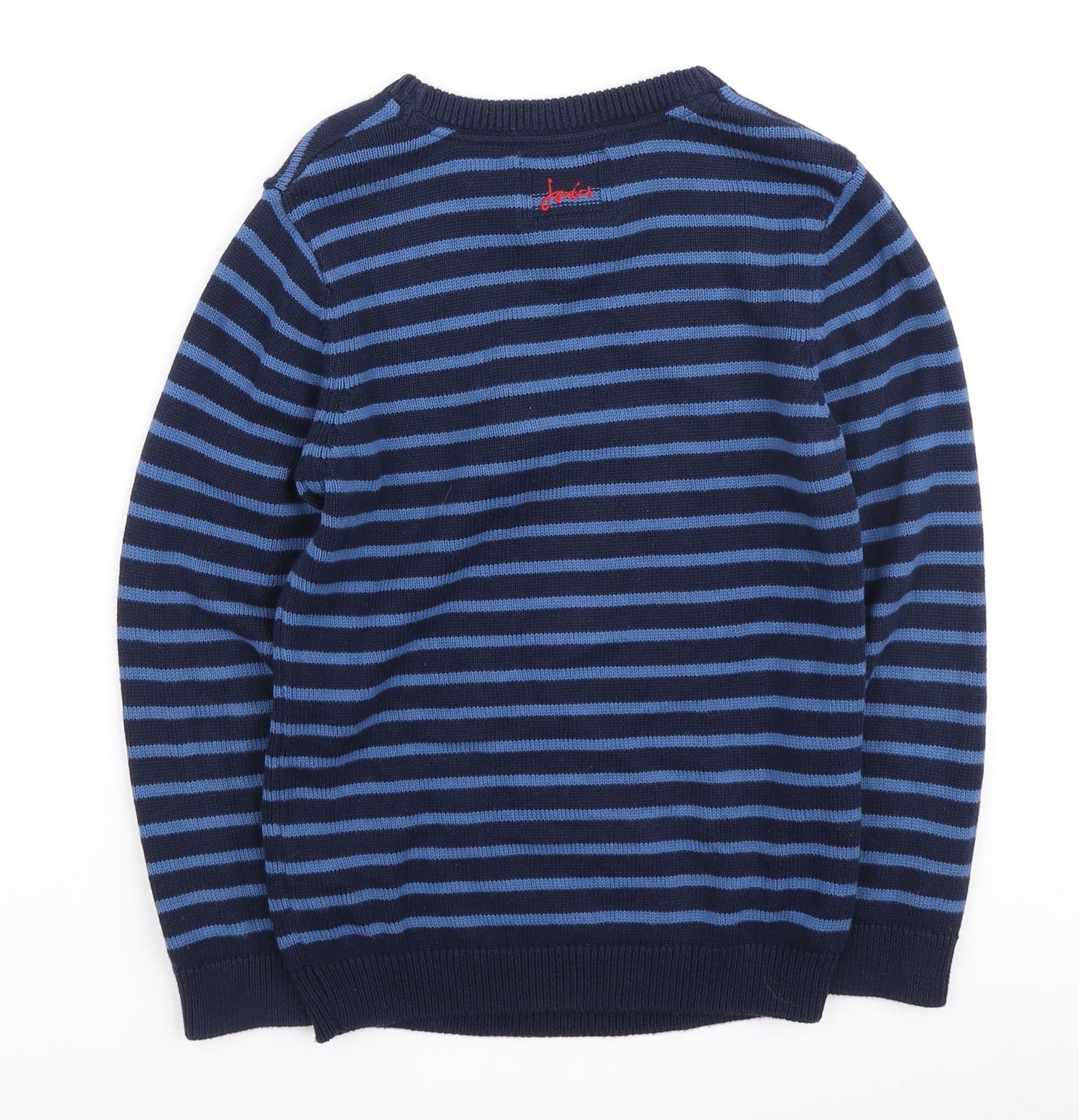 Jules Boys Blue Round Neck Striped Cotton Henley Jumper Size 7-8 Years - Christmas Shark