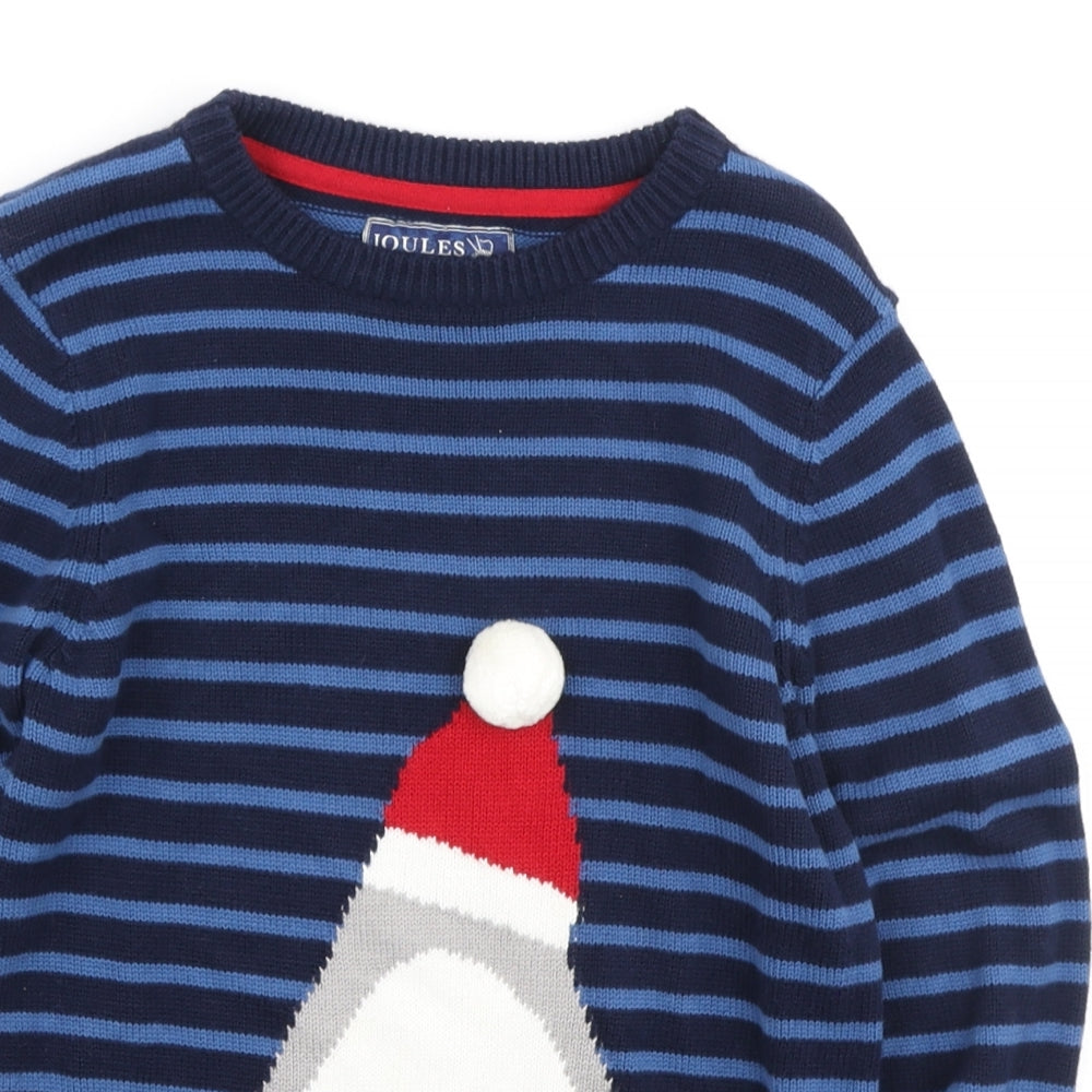 Jules Boys Blue Round Neck Striped Cotton Henley Jumper Size 7-8 Years - Christmas Shark