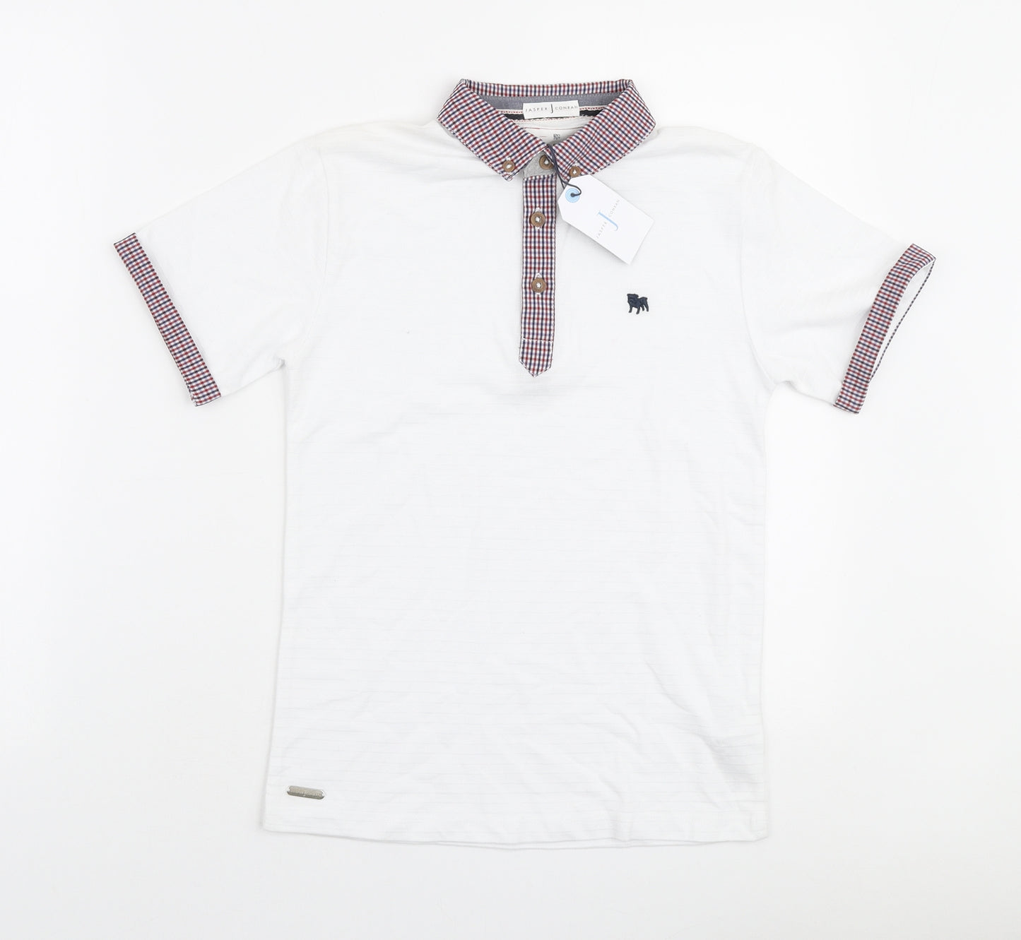 Jasper Conran Boys White Cotton Pullover Polo Size 8-9 Years Collared Button - Check trims