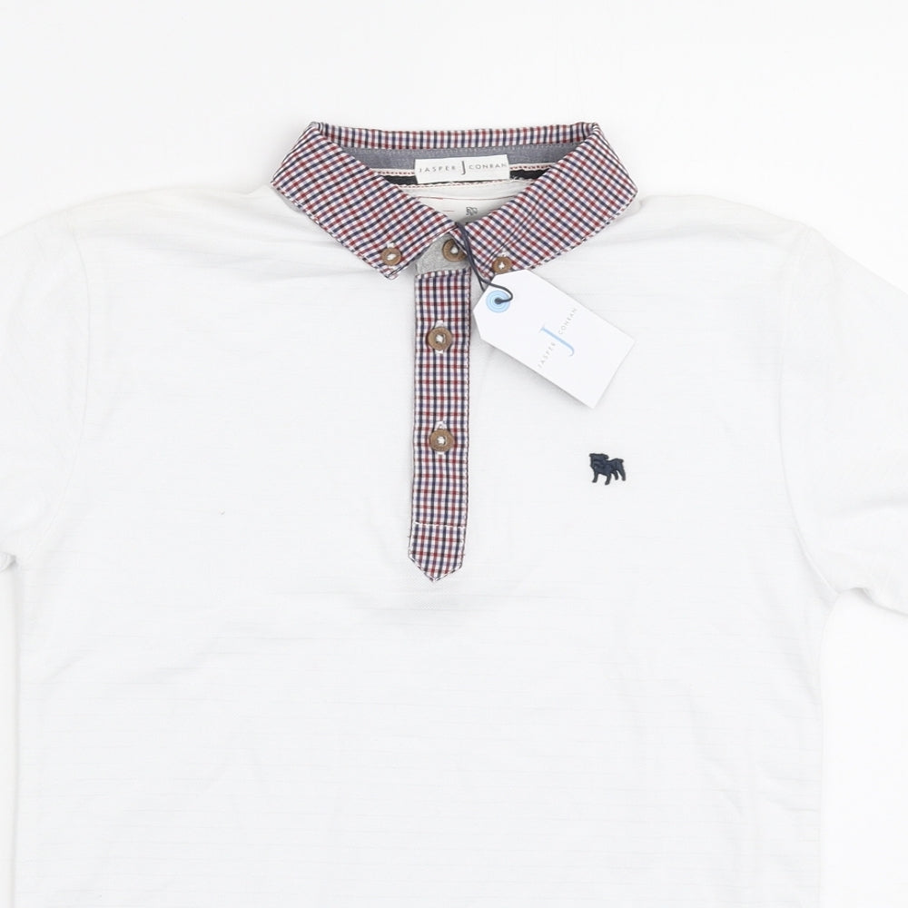 Jasper Conran Boys White Cotton Pullover Polo Size 8-9 Years Collared Button - Check trims