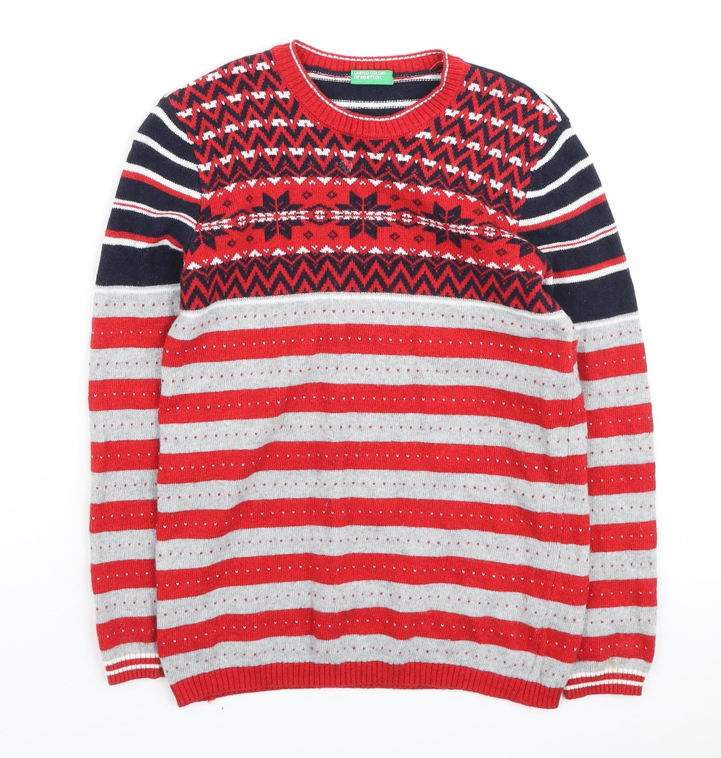 United Colors of Benetton Girls Red Round Neck Striped Polyamide Pullover Jumper Size 8-9 Years - Christmas