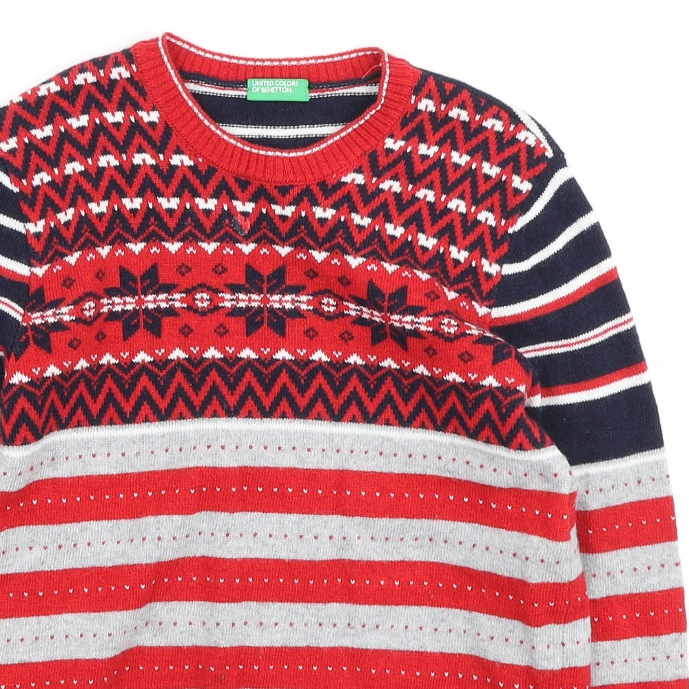 United Colors of Benetton Girls Red Round Neck Striped Polyamide Pullover Jumper Size 8-9 Years - Christmas