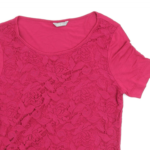 Marks and Spencer Womens Pink Polyester Basic T-Shirt Size 10 Scoop Neck - Floral Lace Overlay Front