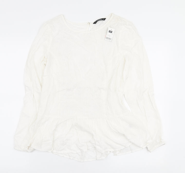 Dunnes Stores Womens White Viscose Ringer Blouse Size 8 Round Neck - Peplum