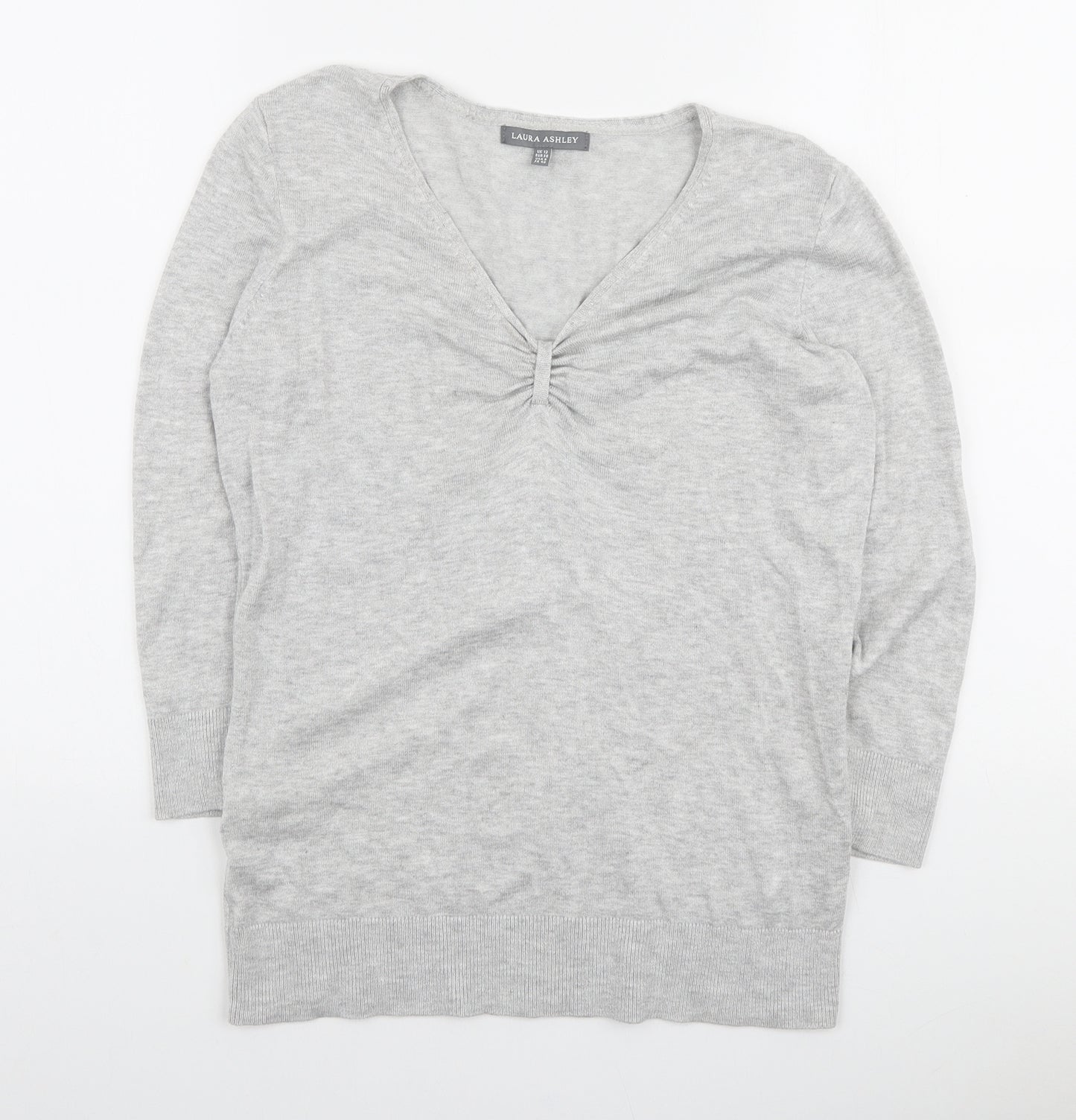 Laura Ashley Womens Grey V-Neck Viscose Pullover Jumper Size 12 - Bow Detail