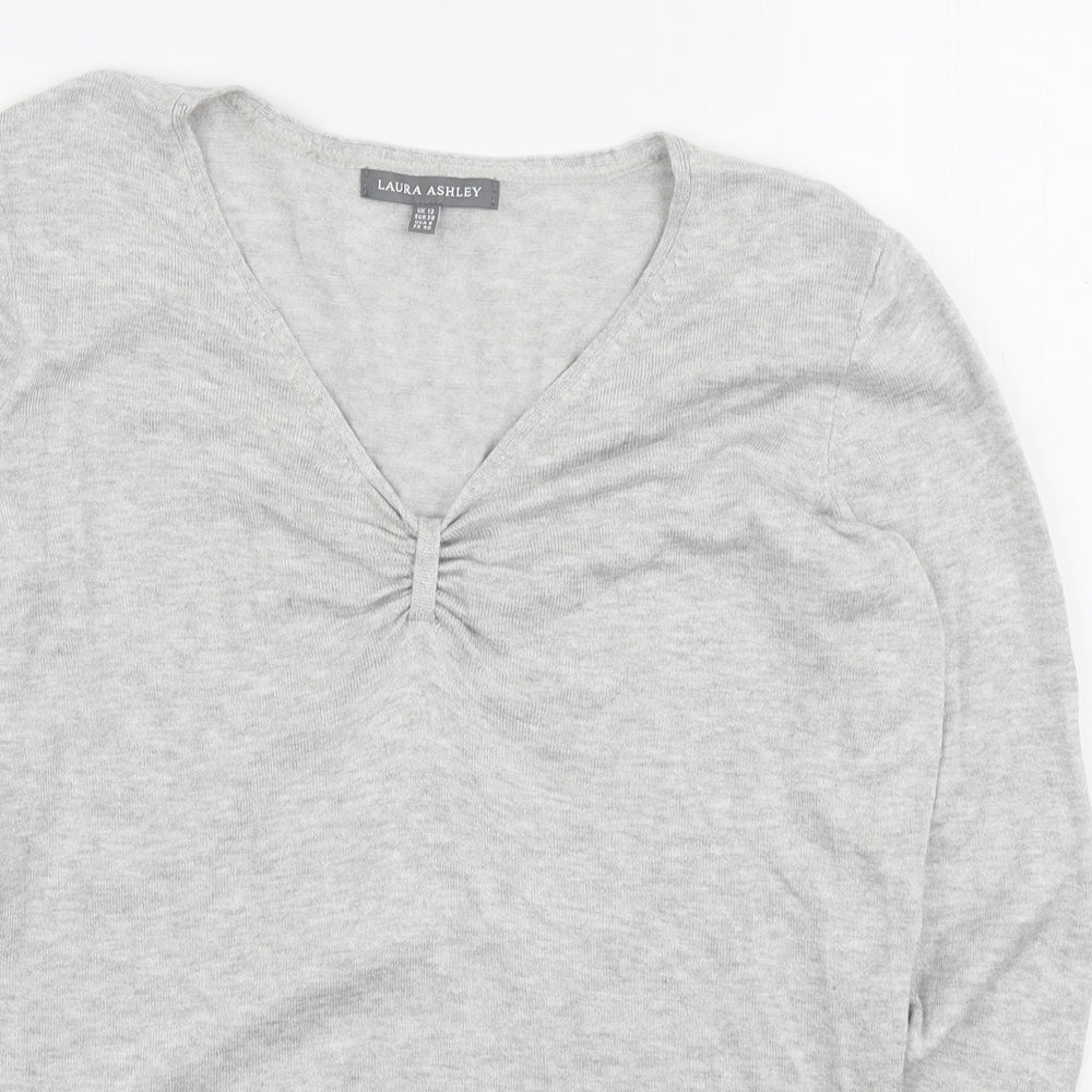 Laura Ashley Womens Grey V-Neck Viscose Pullover Jumper Size 12 - Bow Detail