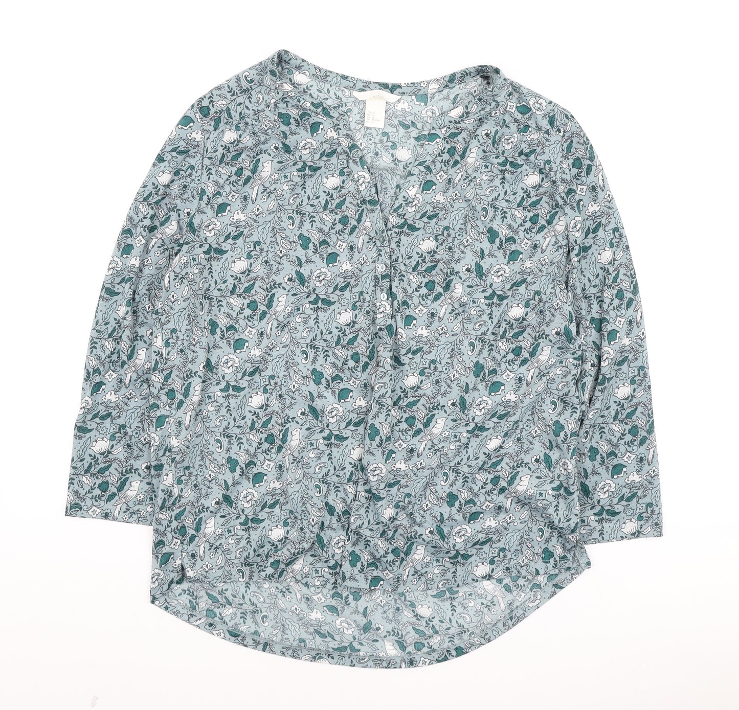 H&M Womens Blue Floral Polyester Basic Blouse Size M Collared - Bird and floral print
