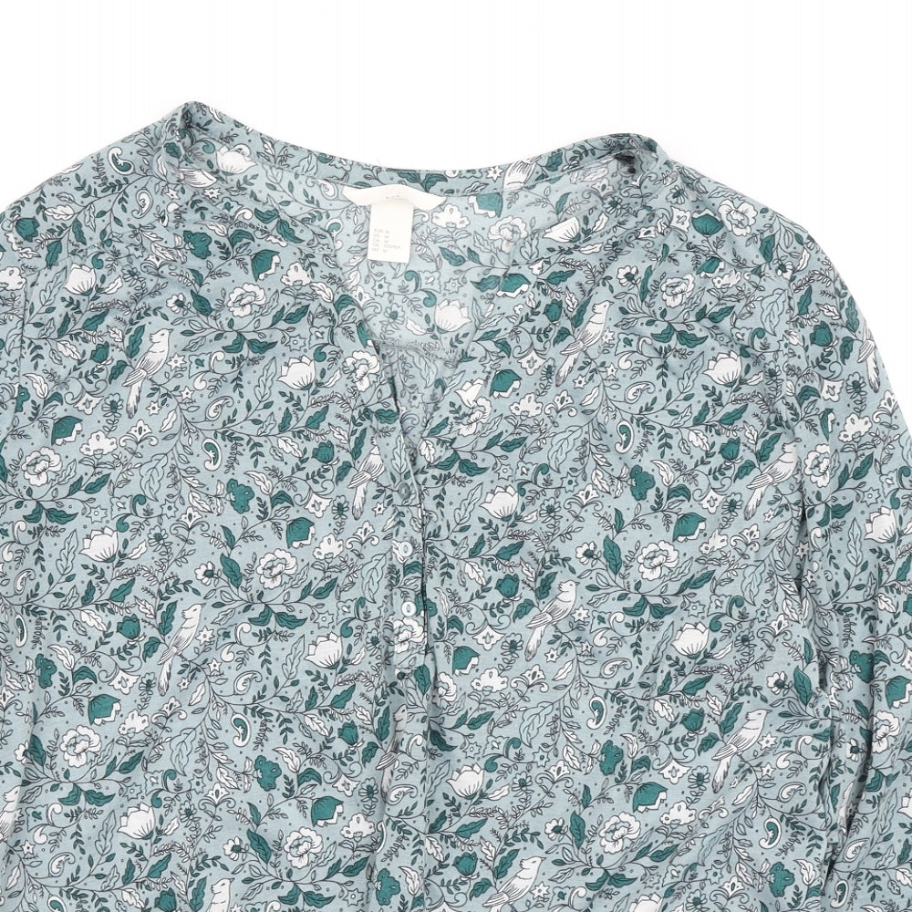 H&M Womens Blue Floral Polyester Basic Blouse Size M Collared - Bird and floral print