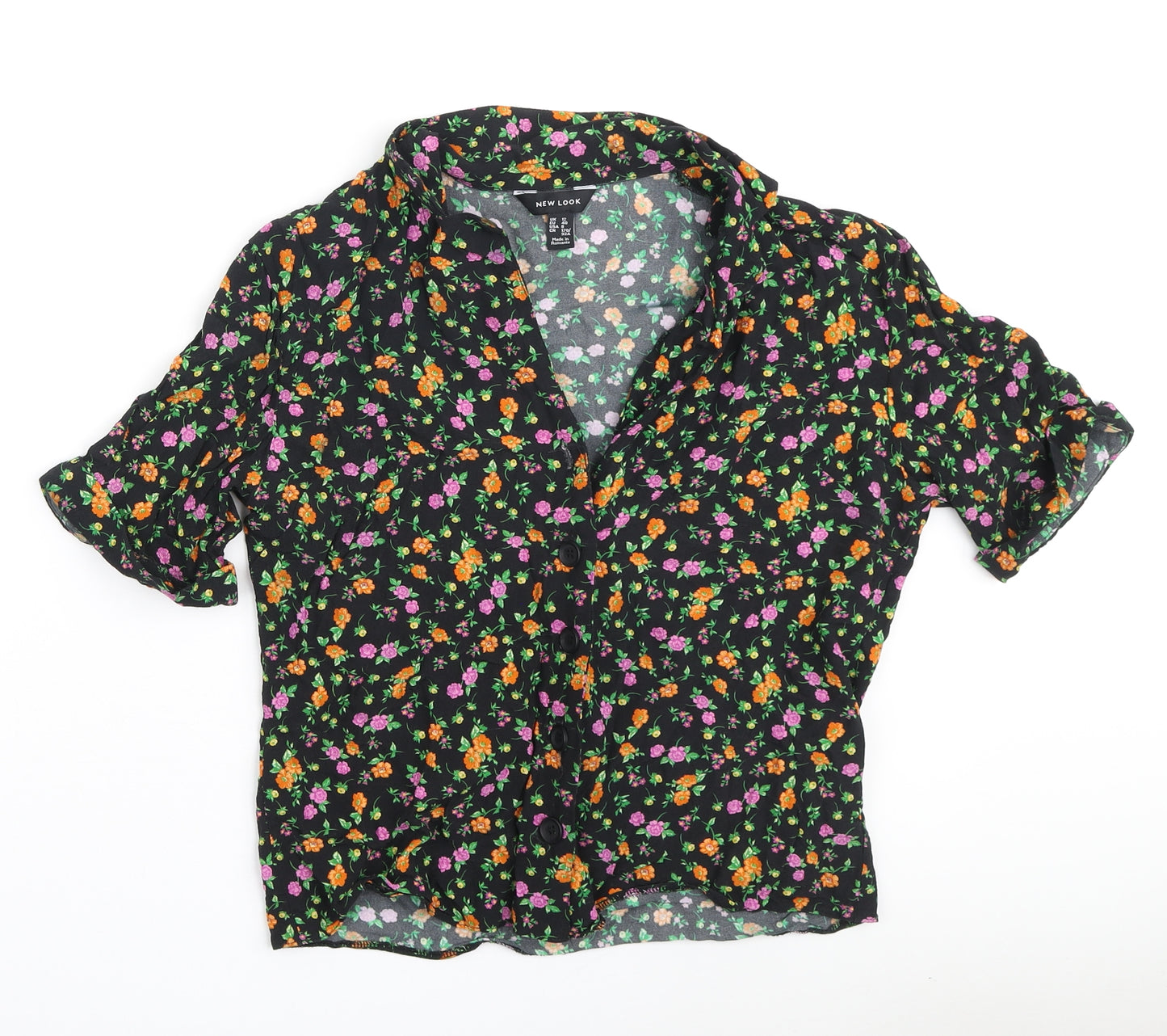 New Look Womens Black Floral Viscose Cropped Button-Up Size 12 Collared