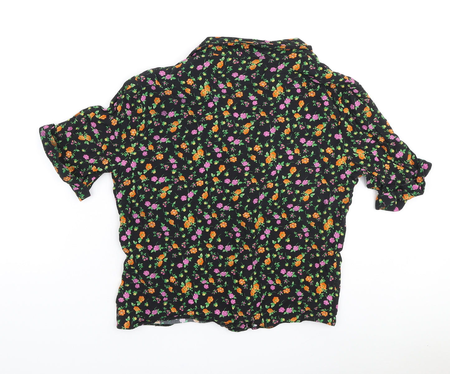 New Look Womens Black Floral Viscose Cropped Button-Up Size 12 Collared