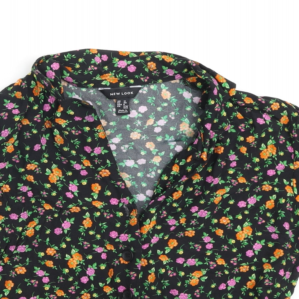 New Look Womens Black Floral Viscose Cropped Button-Up Size 12 Collared