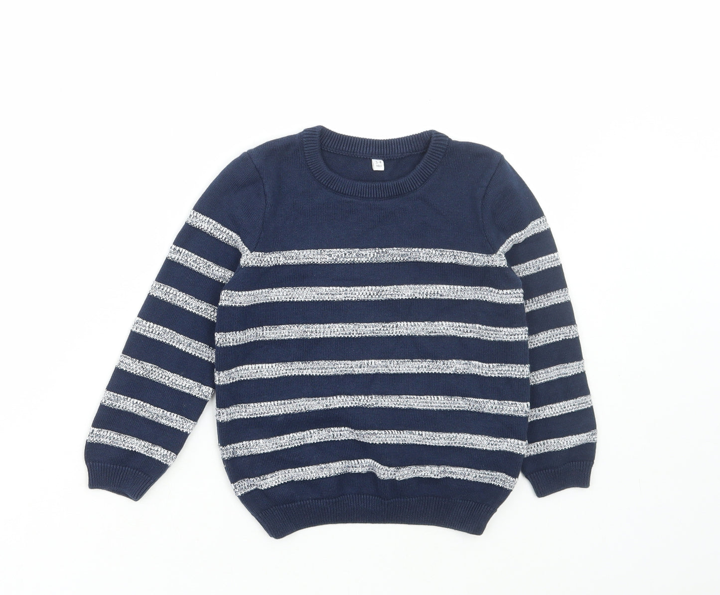 Marks and Spencer Boys Blue Round Neck Striped Cotton Pullover Jumper Size 3-4 Years Pullover