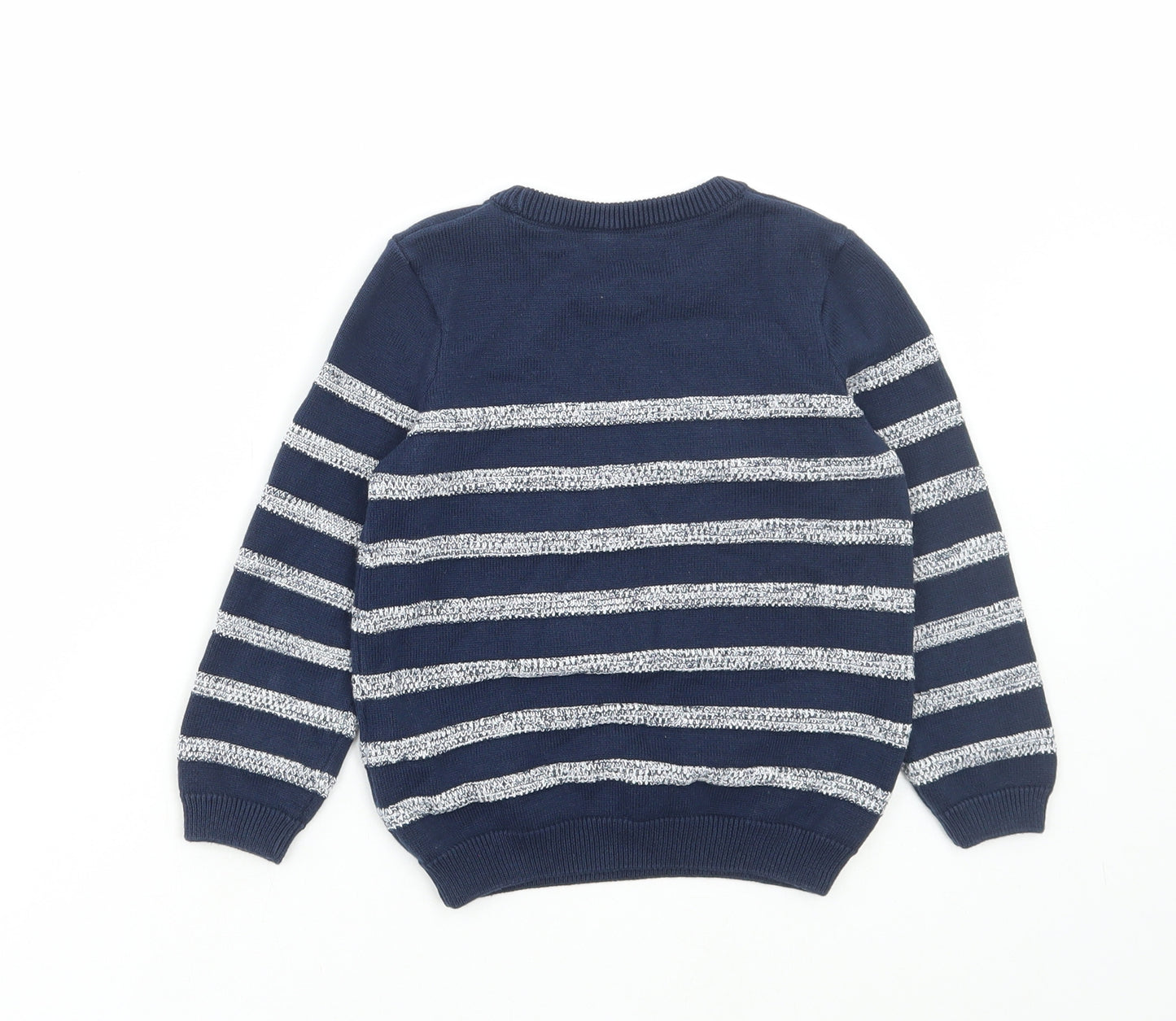 Marks and Spencer Boys Blue Round Neck Striped Cotton Pullover Jumper Size 3-4 Years Pullover