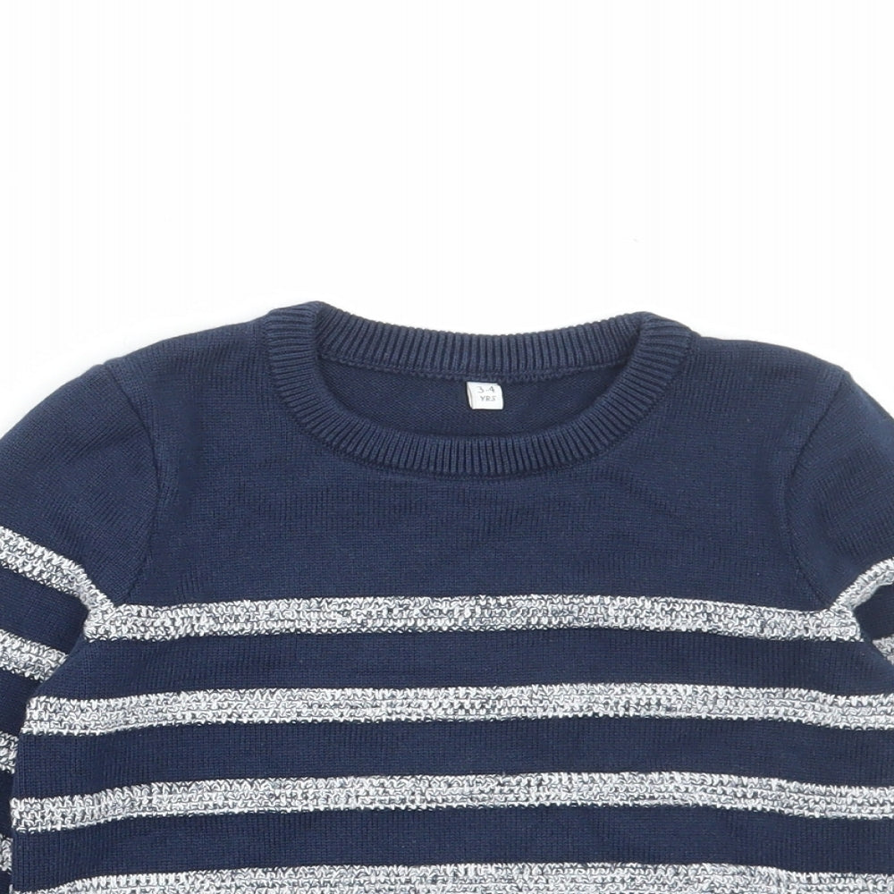 Marks and Spencer Boys Blue Round Neck Striped Cotton Pullover Jumper Size 3-4 Years Pullover