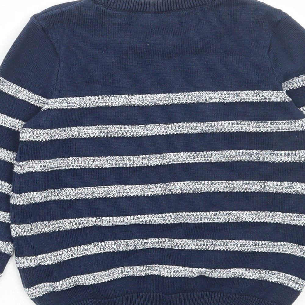 Marks and Spencer Boys Blue Round Neck Striped Cotton Pullover Jumper Size 3-4 Years Pullover