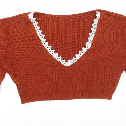 Boohoo Womens Orange Round Neck Acrylic Pullover Jumper Size S - Low back Lace Trim