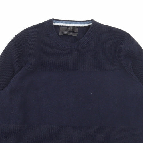 Marks and Spencer Mens Blue Round Neck Polyester Pullover Jumper Size S - Ribbed