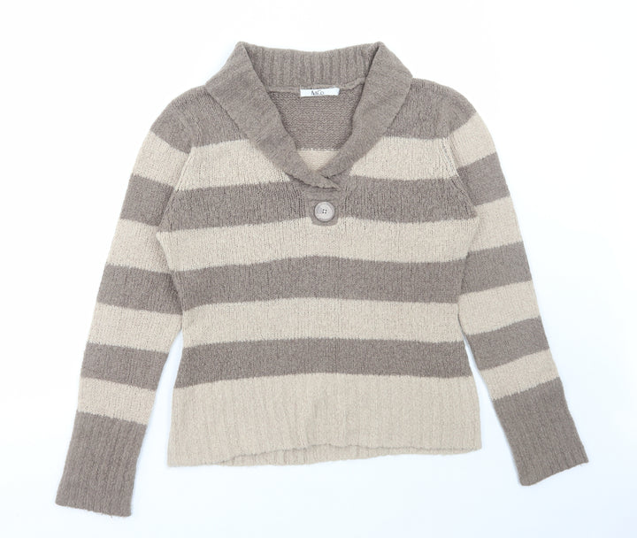 M&Co Womens Beige Collared Striped Acrylic Pullover Jumper Size L