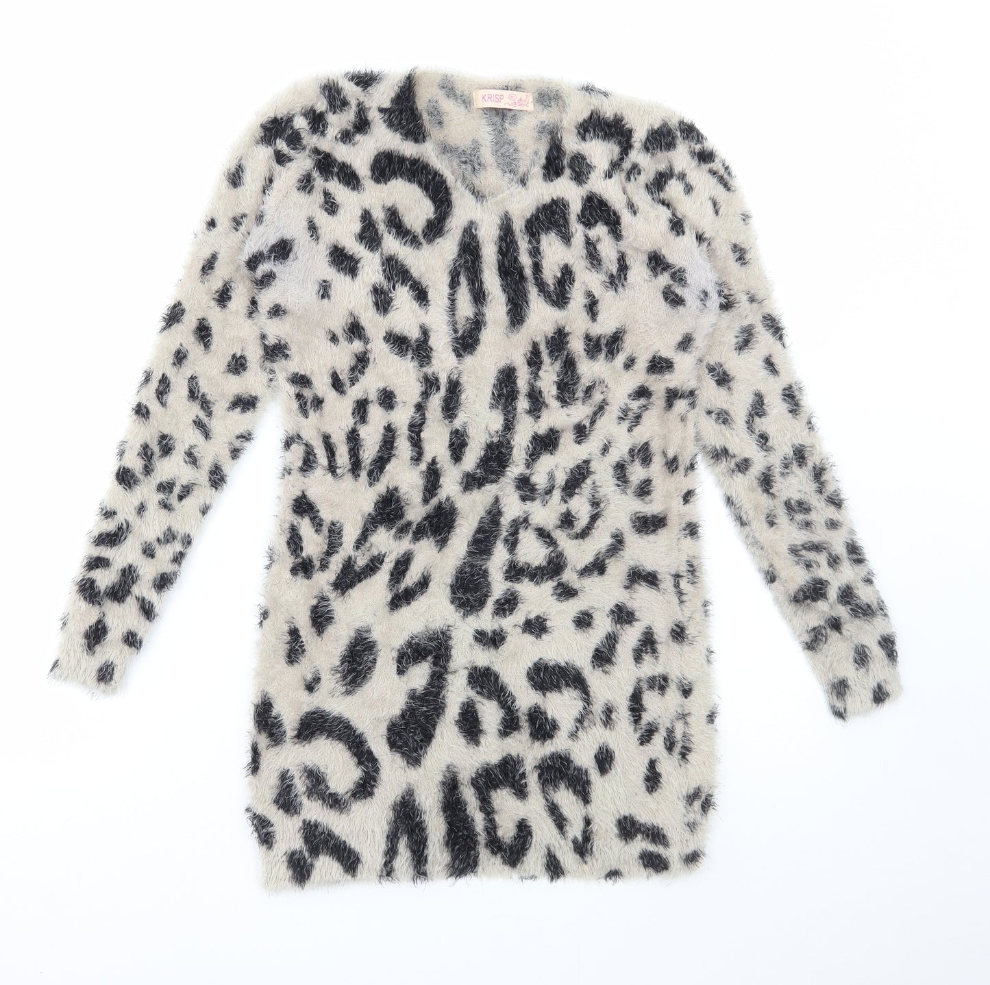 Krisp Womens Brown V-Neck Animal Print Polyester Pullover Jumper Size M - Leopard Print