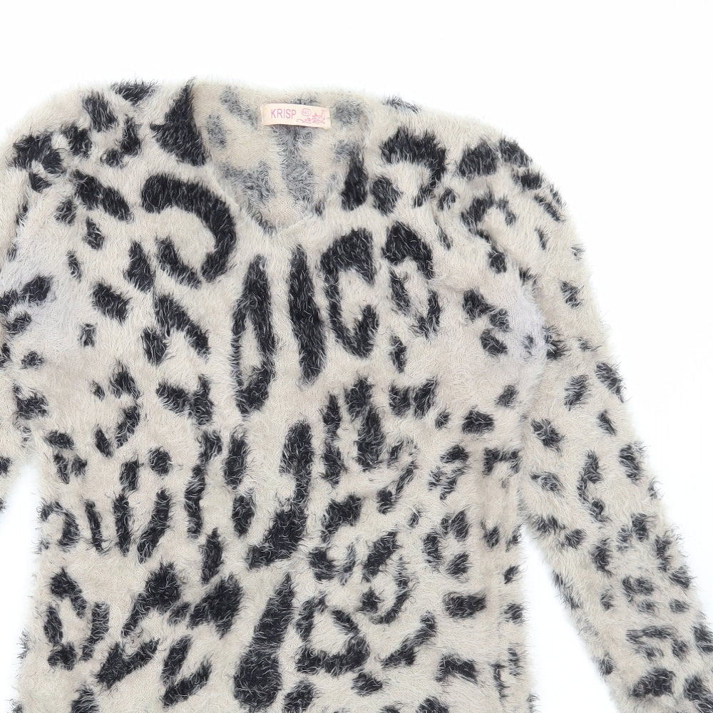 Krisp Womens Brown V-Neck Animal Print Polyester Pullover Jumper Size M - Leopard Print