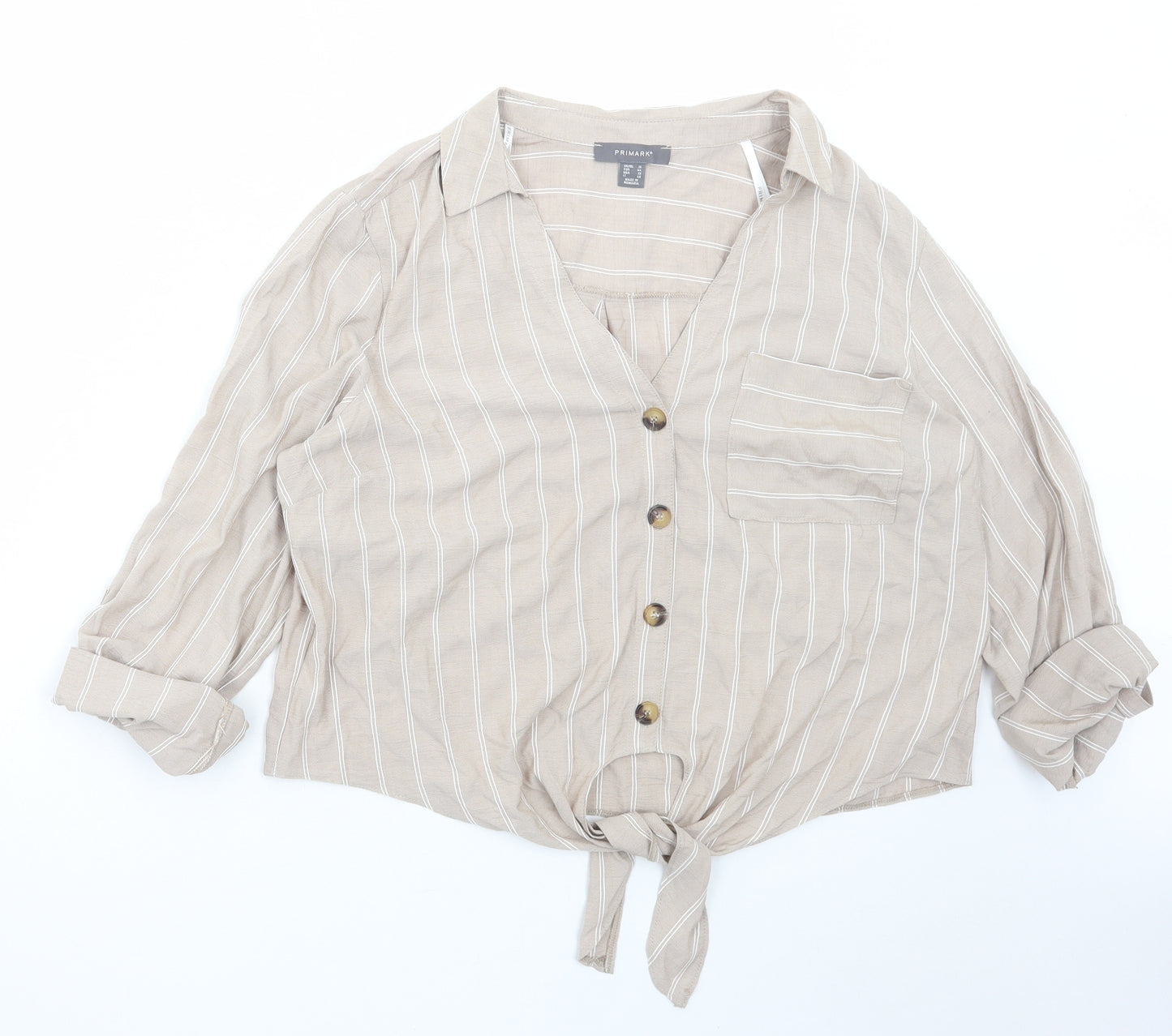 Primark Womens Beige Striped Viscose Basic Button-Up Size 16 Collared - Tie Front